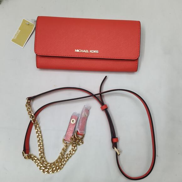 Michael Kors Jet Set Large Wallet On Chain - Red Leather Crossbody Bag -NWT $168 - Picture 2 of 14